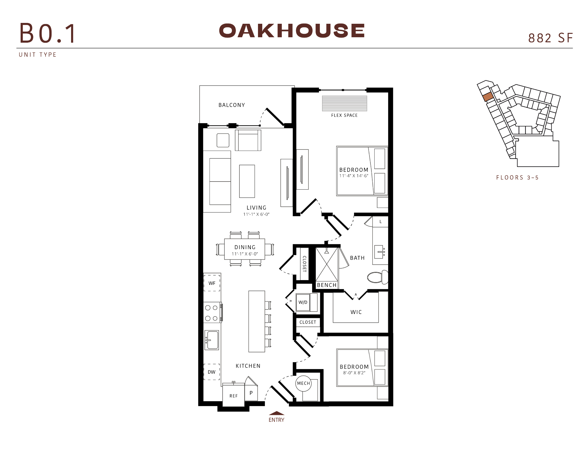 Floor plan for 2 beds, 1 bath, 882 sqft